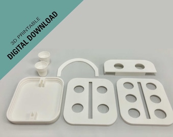 May include: A set of 3D printable white plastic parts for a miniature dollhouse. The set includes a square base, a curved archway, a wall with three holes, and two small cups.