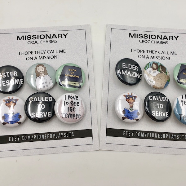 6 pack Missionary buttons as pins, croc charms, magnets or tie tacks. Rubber bracelet charms, Handmade, Christian, LDS, Mission