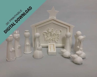 Puede incluir: Escena de la natividad impresa en 3D en blanco con un establo, figuras de María, José, el niño Jesús, un burro, una vaca, una oveja y tres reyes magos. El establo tiene un letrero que dice "Holy Night".