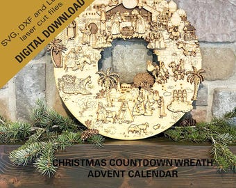 Kerststal adventkalender countdown kerstcadeau familiestuk cadeau vakantie SVG, DXF, LBRN2 Download bestanden lasersnijden bestand advent