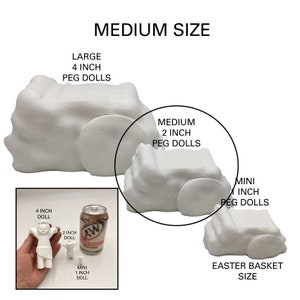 May include: Three white plaster Easter baskets in different sizes. The largest basket is labelled "Large 4 inch Peg Dolls", the middle basket is labelled "Medium 2 inch Peg Dolls", and the smallest basket is labelled "Mini 1 inch Peg Dolls". The baskets are shown next to a can of soda and a ruler to show the size difference.