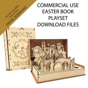 May include: A wooden Easter book playset with a pop-up scene depicting the story of Jesus Christ. The book is closed on the left and open on the right, revealing the pop-up scene. The book is decorated with the words "HOLY WEEK" and "COMMERCIAL USE EASTER BOOK PLAYSET DOWNLOAD FILES".