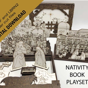 DXF, SVG, LBRN2 Download bestanden voor kerststal pop-up boek, kerstleerhulp, kerstverhaal vertellen, uniek houten kerststaldisplay
