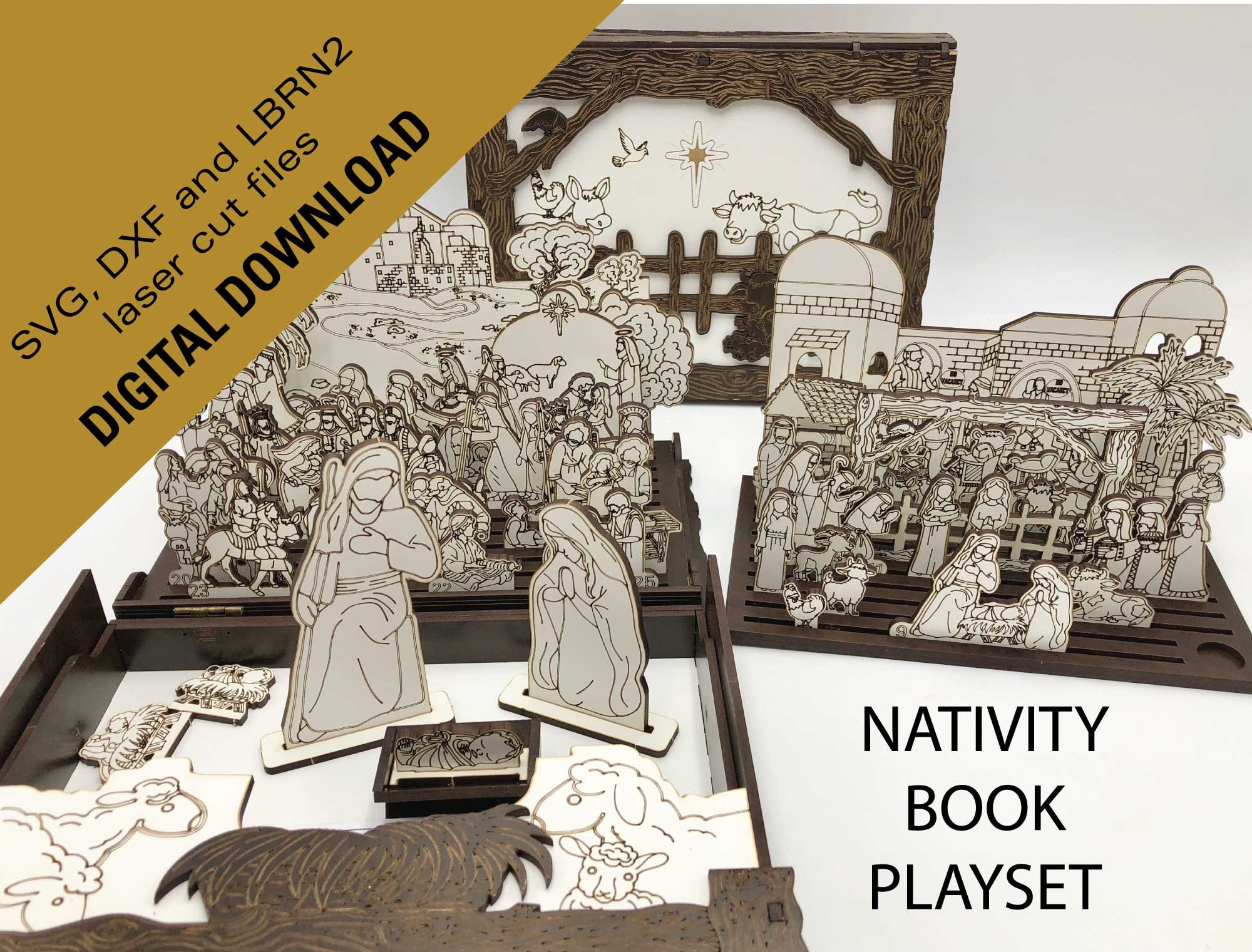 DXF, SVG, LBRN2 Download files for Nativity set pop up book, Christmas teaching aid, Nativity story telling, Unique wood Nativity display