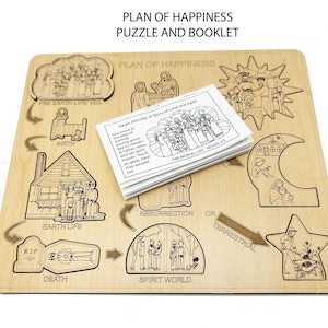 Könnte beinhalten: Ein Holzpuzzle und ein Booklet, die den Plan des Glücks veranschaulichen. Die Puzzleteile enthalten Bilder vom Vorirdischen Leben, der Geburt, dem Erdenleben, dem Tod, der Geisterwelt, der Auferstehung und der himmlischen Herrlichkeit. Das Booklet enthält eine Geschichte über Saras Reise der Liebe und des Glaubens.