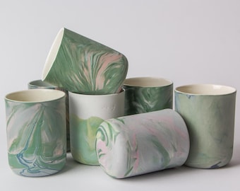Green marble-designed cups 300 ml, Cappuccino cup, Stoneware coffee mug