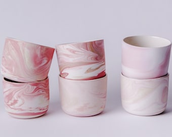 Ceramic espresso cup set. Pink marble tumbler 200 ml, cappuccino cup, modern tea cup