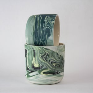 Cappuccino cup 350 ml, green marble tumbler, stoneware coffee mug, modern tea cup