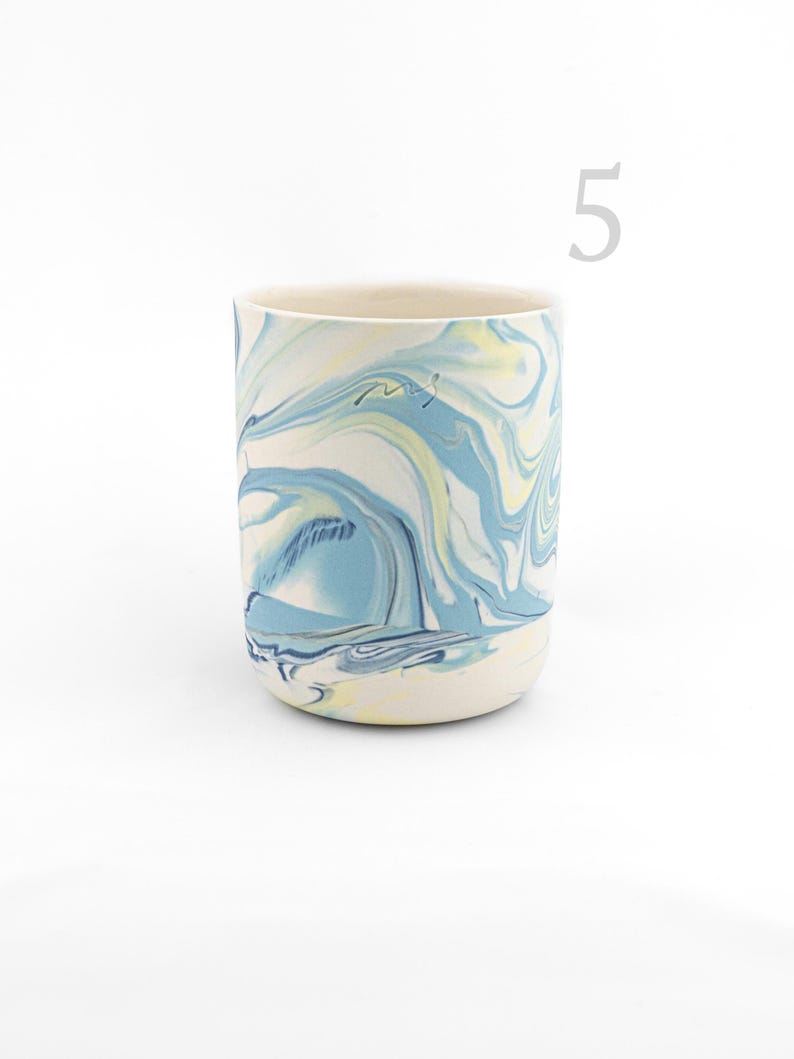 Blue marble tumbler 300 ml, cappuccino cup, stoneware coffee mug, clay tea set 5