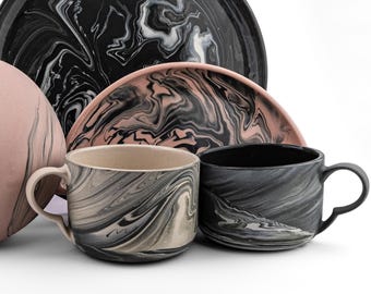 Handmade Stoneware Cup, Modern Marble Glaze, 250ml
