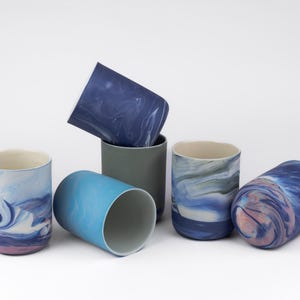 Blue marble tumbler 300 ml, cappuccino cup, stoneware coffee mug, clay tea set image 1