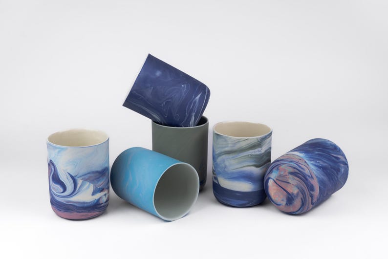 Blue marble tumbler 300 ml, cappuccino cup, stoneware coffee mug, clay tea set image 1
