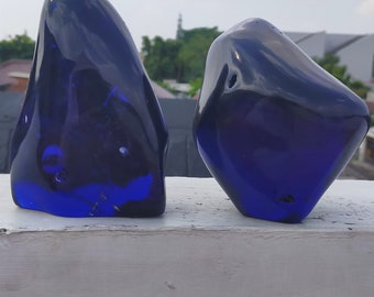 Par de copas de cristal monoatómico Andara azul cobalto pulido 2,55kg