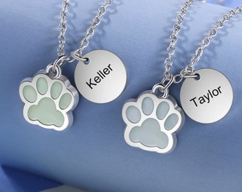 Collier prénom personnalisé • Collier prénom chien chat • Pendentif à breloque en forme de patte • Fluorescent lumineux • Cadeau pour amoureux des animaux de compagnie