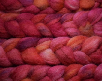 Hand Dyed Braid of BFL - Combed top for spinning, felting in red and orange.