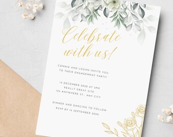 Celebrate Gold Rose Leaf Floral Editable Engagement Party Invitation Template – Instant Download Canva Invite – Customizable Digital Invite