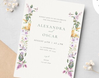 Purple Rectangle Floral Editable Engagement Party Invitation Template – Instant Download – Canva Invite – Customizable Digital Invite