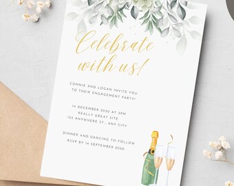 Champagne Bottle Leaf Floral Editable Engagement Party Invitation Template – Instant Download – Canva Invite – Customizable Digital Invite