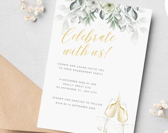 Gold Champagne Leaf Floral Editable Engagement Party Invitation Template – Instant Download – Canva Invite – Customizable Digital Invite