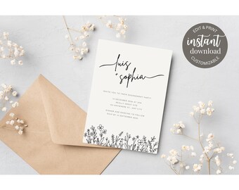 Personalized Doodle Floral Editable Engagement Party Invitation Template – Instant Download – Canva Invite – Customizable Digital Invite