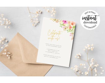 Watercolor Celebrate Floral Editable Engagement Party Invitation Template – Instant Download – Canva Invite – Customizable Digital Invite