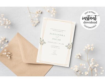 Gold Rectangle Floral Editable Engagement Party Invitation Template – Instant Download – Canva Invite – Customizable Digital Invite