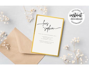 Gold Trim Floral Engagement Editable Engagement Party Invitation Template – Instant Download – Canva Invite – Customizable Digital Invite