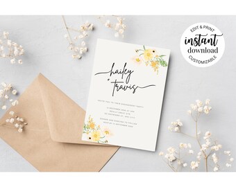Personalized Yellow Floral Editable Engagement Party Invitation Template – Instant Download – Canva Invite – Customizable Digital Invite