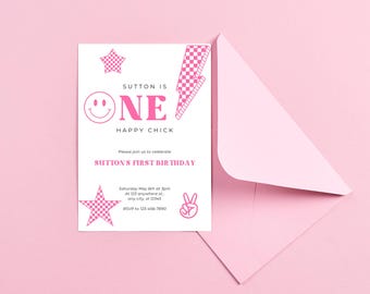 Pink Checkered One Happy Chick Birthday Digital Party Invitation, Printable Invitation – Instant Download – Customizable Digital Invite