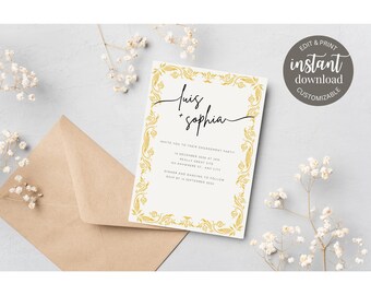 Gold Leaf Floral Engagement Editable Engagement Party Invitation Template – Instant Download – Canva Invite – Customizable Digital Invite