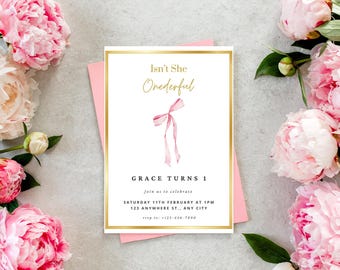 Bow Isnt she onederful Birthday Digital Download Party Invitation, Printable Invitation – Instant Download – Customizable Digital Invite