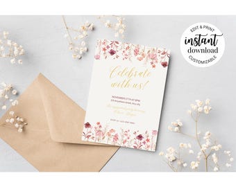 Berry Floral Engagement Editable Engagement Party Invitation Template – Instant Download – Canva Invite – Customizable Digital Invite