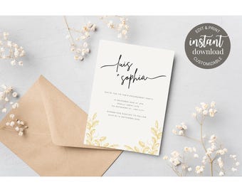 Gold Leaf Border Floral Editable Engagement Party Invitation Template – Instant Download – Canva Invite – Customizable Digital Invite