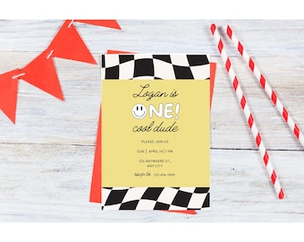 Checkered One Cool Dude Birthday Digital Download Party Invitation, Printable Invitation – Instant Download – Customizable Digital Invite