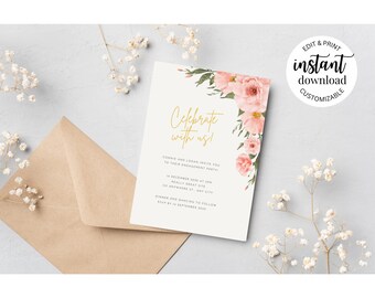 Pink Rose Celebrate Floral Editable Engagement Party Invitation Template – Instant Download – Canva Invite – Customizable Digital Invite