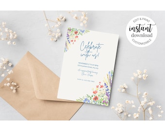 Colorful Burst Floral Editable Engagement Party Invitation Template – Instant Download – Canva Invite – Customizable Digital Invite