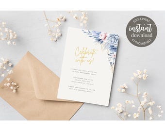 Blue Rose Celebrate Floral Editable Engagement Party Invitation Template – Instant Download – Canva Invite – Customizable Digital Invite