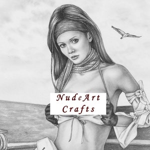 Sexy Pirate Female Art PRINT of Original Art Charcoal Hand Drawing #270 NudeArtCrafts