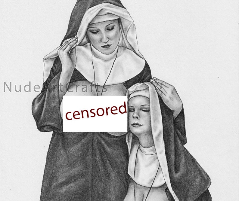 Sexy Nuns Nude Lesbian ART PRINT of Original Art Hand Drawing #264