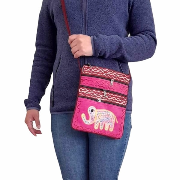Crossbody easy travel bag with long strap and elephant embroidery