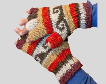 Double knitted half gloves/Large/ Hand knitted woollen half finger gloves/mitten with fleece lining