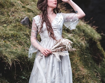 NOVA - Embroidered Tulle Wedding Dress - Stars, Moon, Pegasus, Boho Bridal Gown