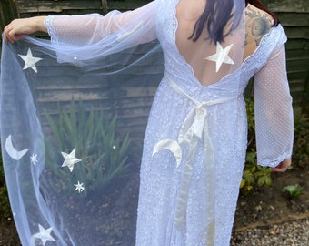 Celestial Wedding Veil: Handmade Chapel Length Tulle with Stars & Moons
