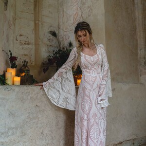 Guinevere - Handmade Lace Wedding Dress - Pink Chiffon Boho Elvish Gown