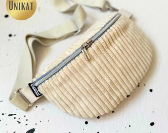 UNIKAT Bauchtasche Gürteltasche HipBag Crossbag Crossbody Umhängetasche aus Cordstoff in Creme