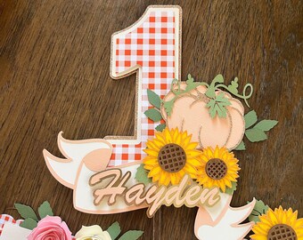 Adorno para tarta de primer cumpleaños de Calabacita: Tema floral otoñal