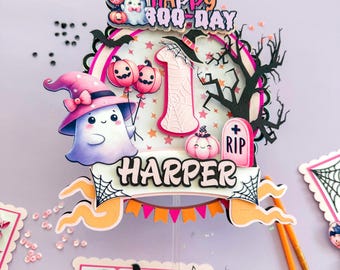 Topo de Bolo Assustador: Decoração de Festa Fantasma Rosa para o Halloween