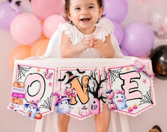 Faixa rosa de fantasma "Assustadora" para cadeirão: Decoração de Halloween para menina, festa de aniversário de 1 ano com tema de fantasmas, primeiro dia assustador