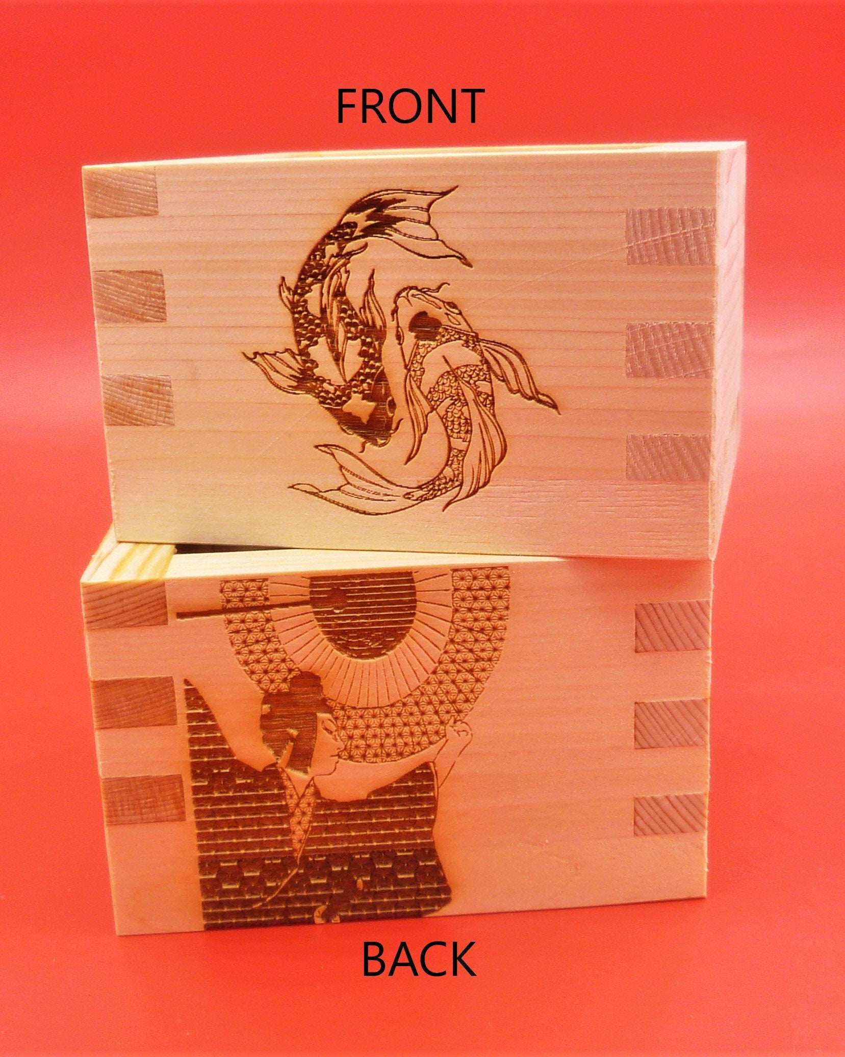 Wooden Engraved Masu Box Koi Fish Kabuki One Piece Etsy