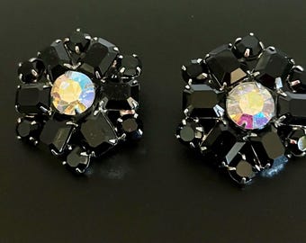 Vintage Signed Weiss Black & Clear AB Rhinestone Earrings